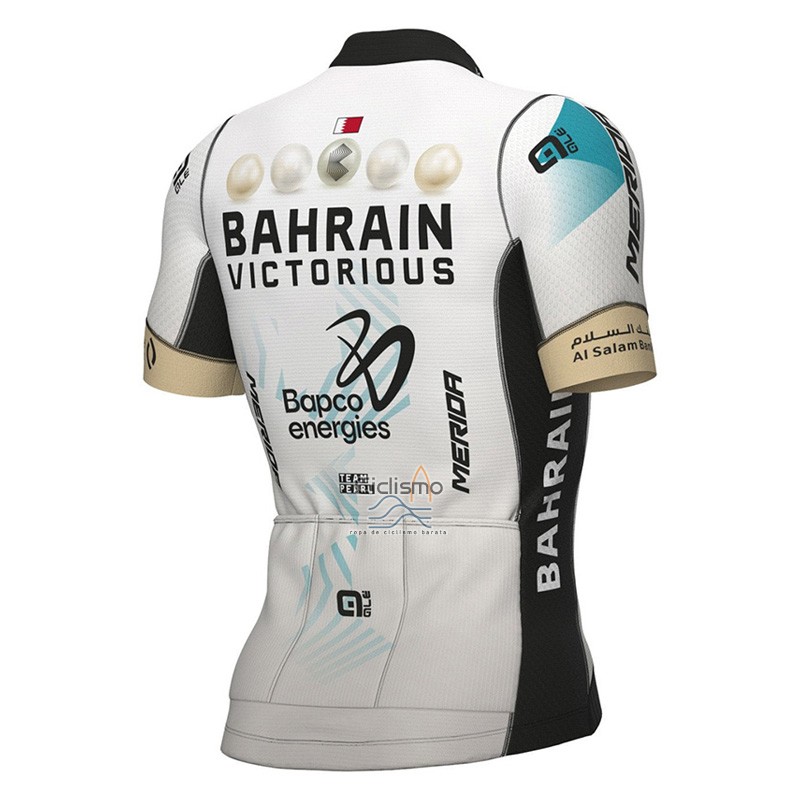 Bahrain Victorious Ropa Ciclismo Culotte Corto 2023 Mangas Cortas Blanco Azul